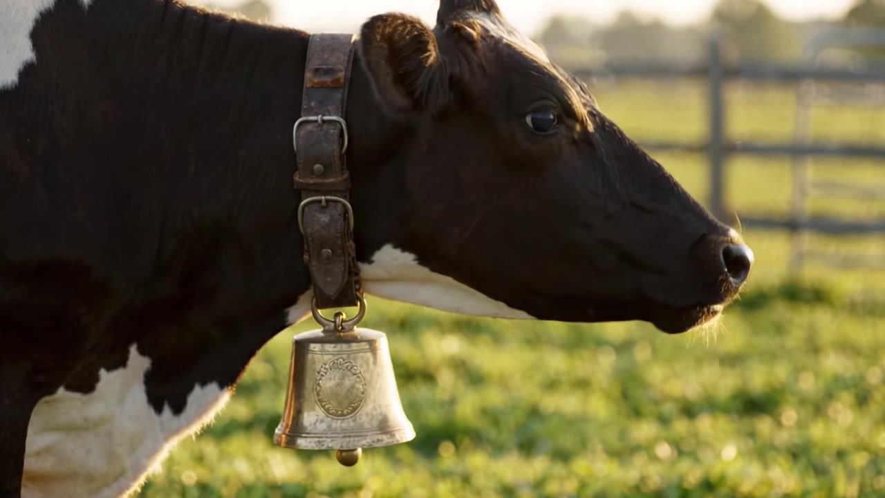 Una vista ravvicinata di una mucca con una caratteristica campana al collo, su uno sfondo pastorale splendidamente illuminato, che evidenzia la vita di fattoria e il bestiame