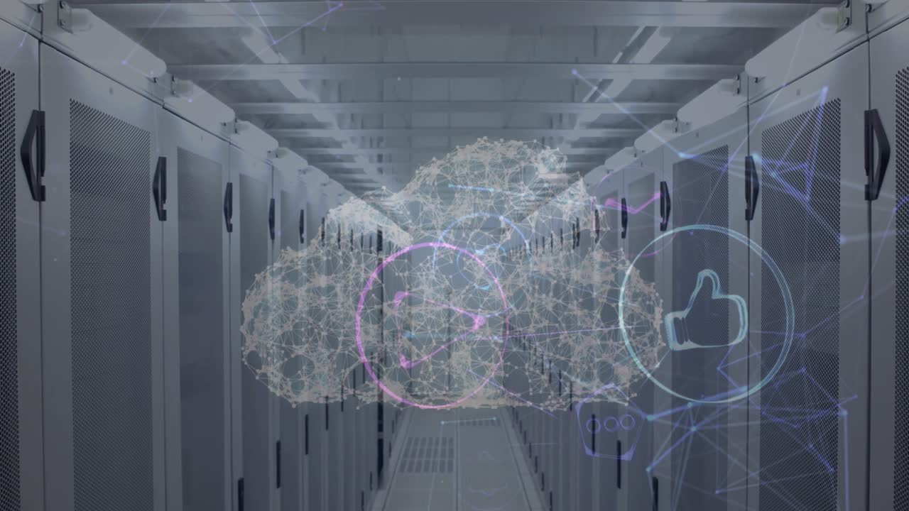 icono de la nube contra la sala de servidores vacía