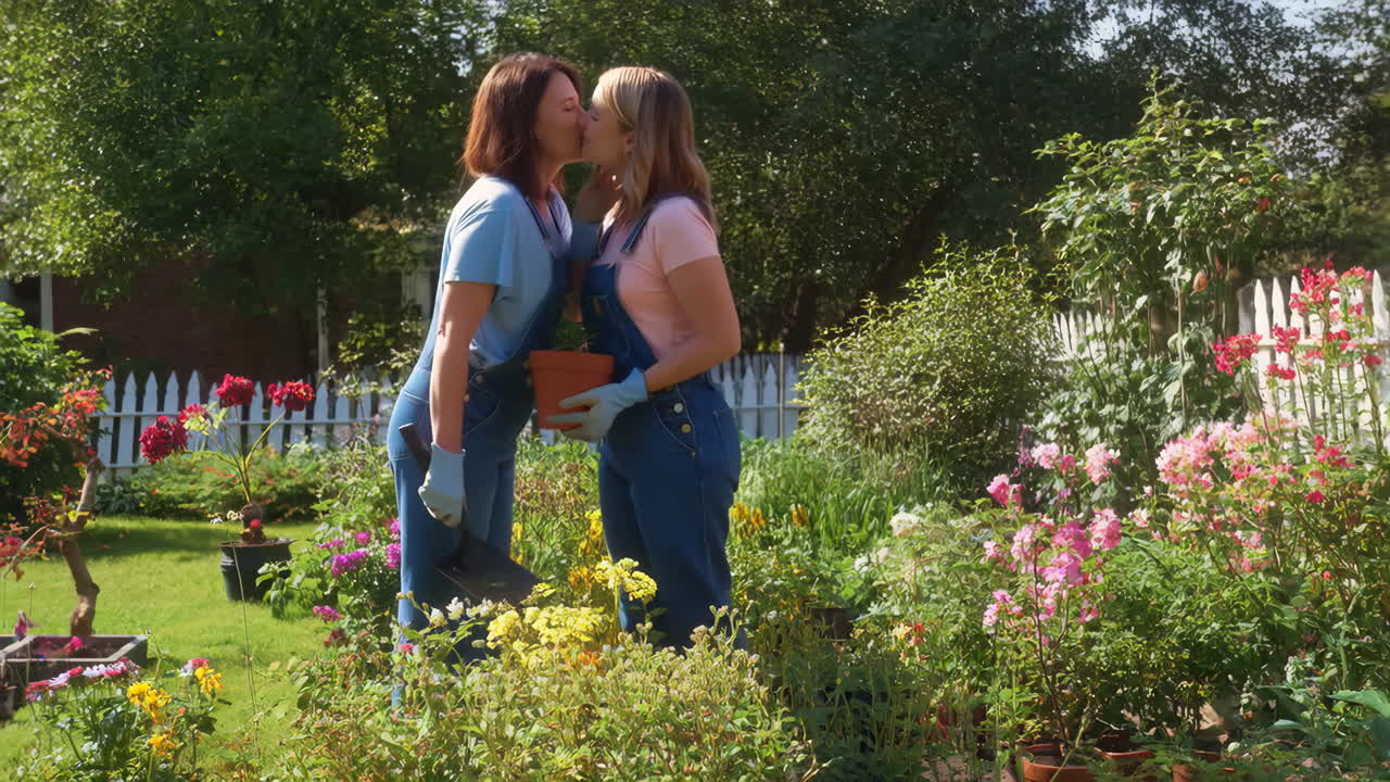 Couple Gardening and Sharing an Affectionate Kiss in a Sunny Garden