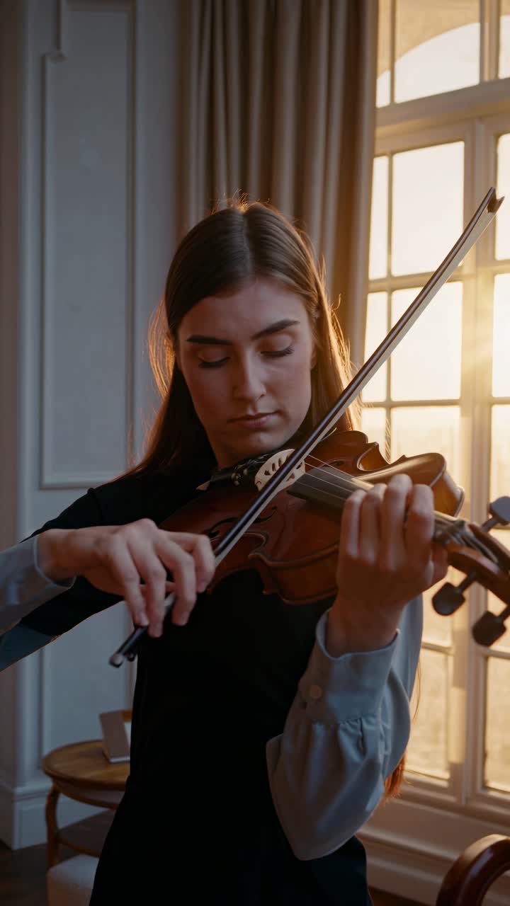 Focused Young Woman Playing Violin by Window with Golden Light