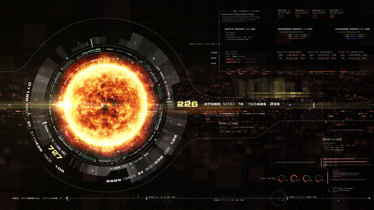 Futuristic motion graphic user interface head up display screen with Holographic Sun Corona Particles and digital data telemetry information display for digital background
