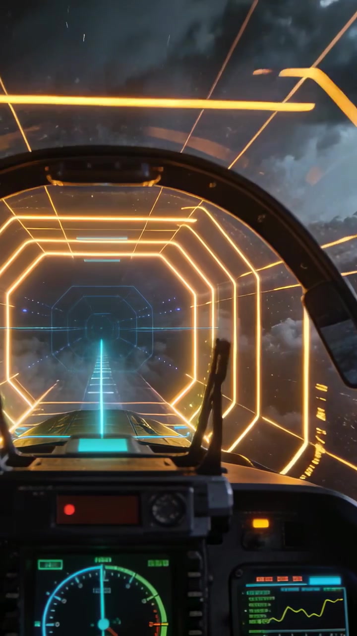 Vertical video: Guiding craft cockpit closing on neon corridor to enter, HUD reticle locking radar