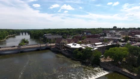 geneva, illinois usa, aerial view of fox river, bridge traffic and waterfront buildings