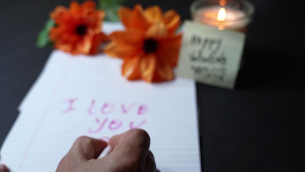 Drømmende billede med lav dybdeskarphed af hænder, der skriver “Jeg elsker dig” med pink på notesbogspapir, sløret lys og orange blomster i baggrunden, romantisk valentinsstemning, mørk bordplade med plads til tekst