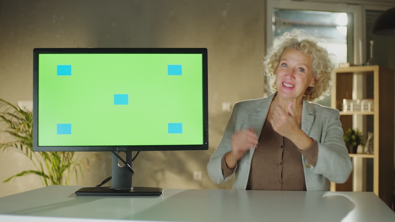 Woman giving a presentation using a computer with green screen