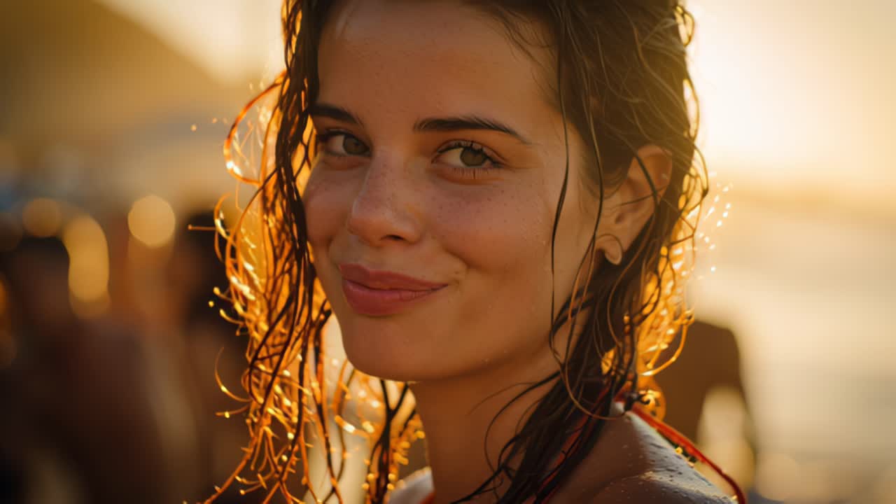 Primo piano di una giovane donna sorridente con capelli bagnati e pelle illuminata dal sole in riva al mare durante l'ora d'oro, sfondo bokeh caldo e un'atmosfera rilassata di vacanza estiva.