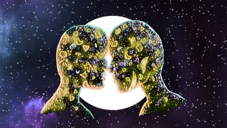 kissing souls in front of a moon in the universe, spiritual, twin souls, soulmates