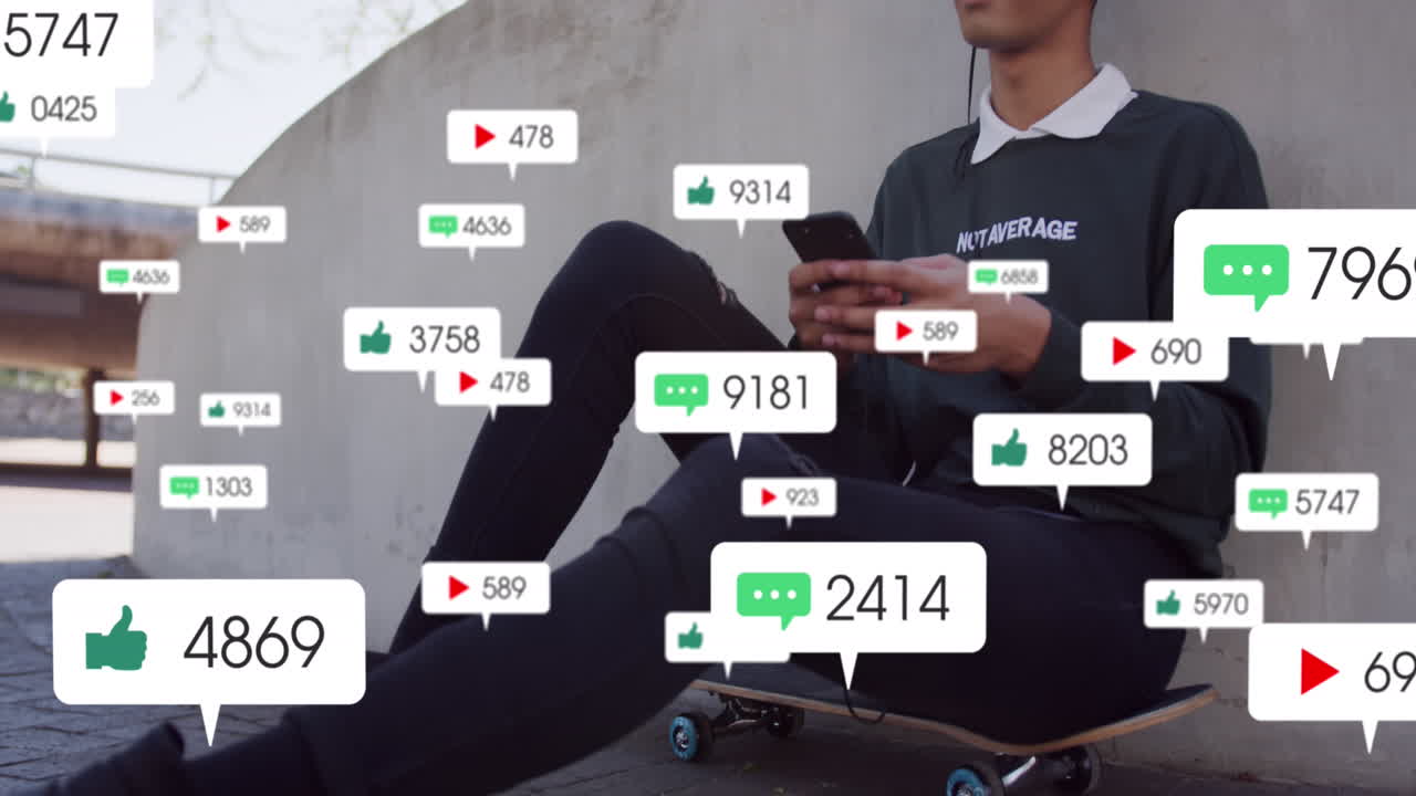 스케이트보드에 앉아 음악을 듣는 두 인종 여성에 대한 소셜 미디어 아이콘의 애니메이션