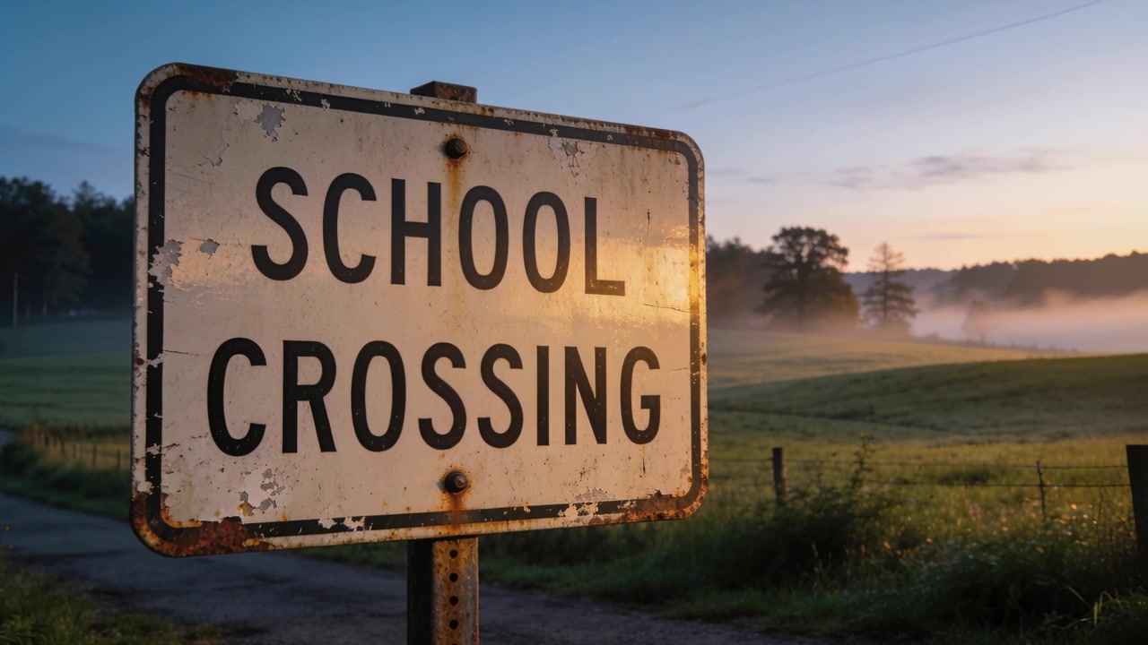 Gaining dawn light, worn SCHOOL CROSSING sign showing rust and chips beside rural road with mist