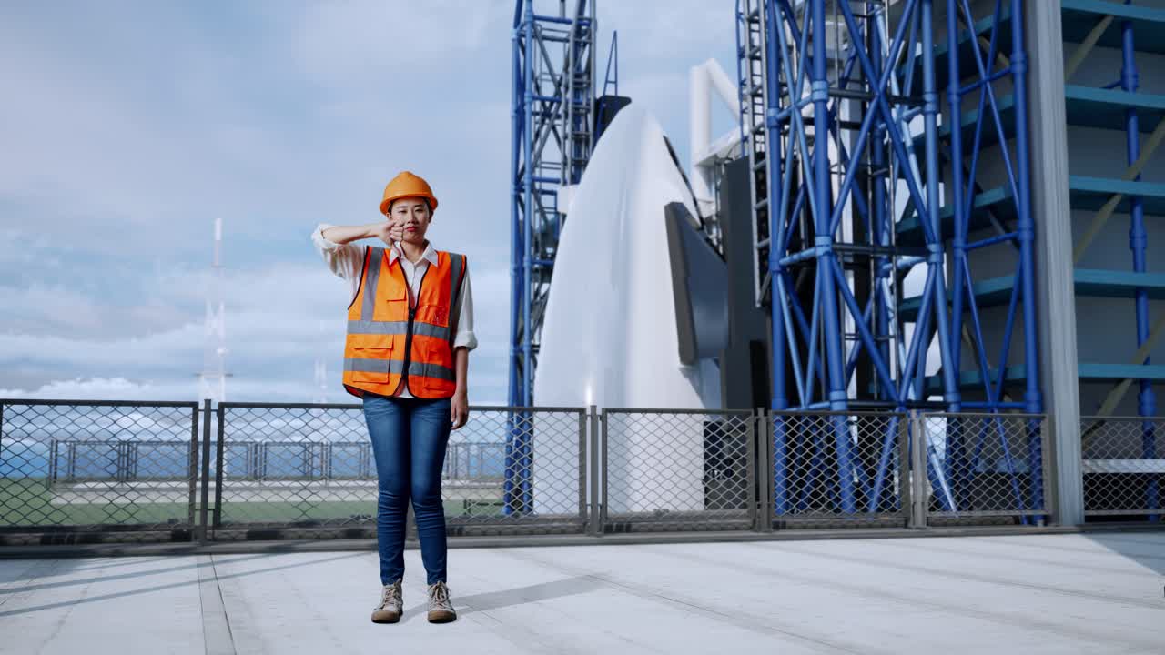 Full Body Of Asian Female Engineer With Safety Helmet Showing Thumbs Down Gesture And Shaking Her Head While Standing With Space Shuttle