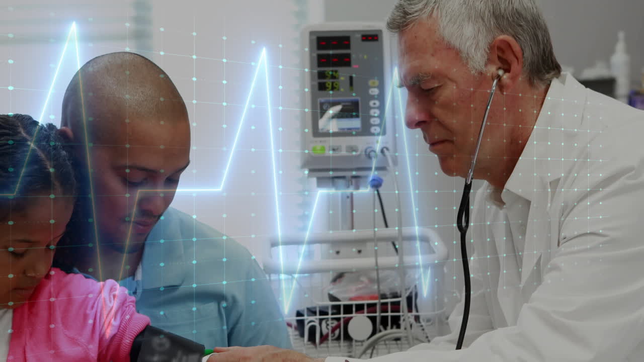 Doctor examining child with father supporting arm BP cuff for health checkup showing ECG waveform