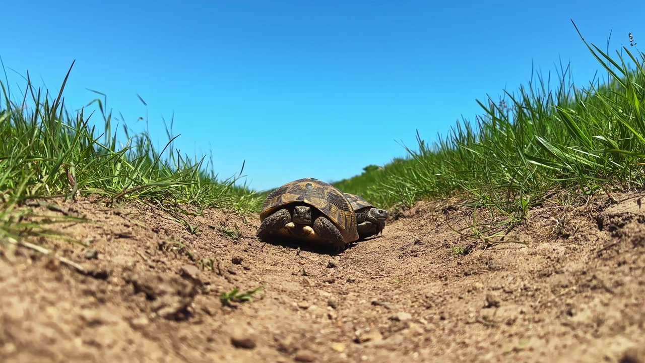 Schildkröte auf einem Feldweg zwischen grünem Gras unter klarem blauem Himmel zur Mittagszeit in natürlicher Umgebung