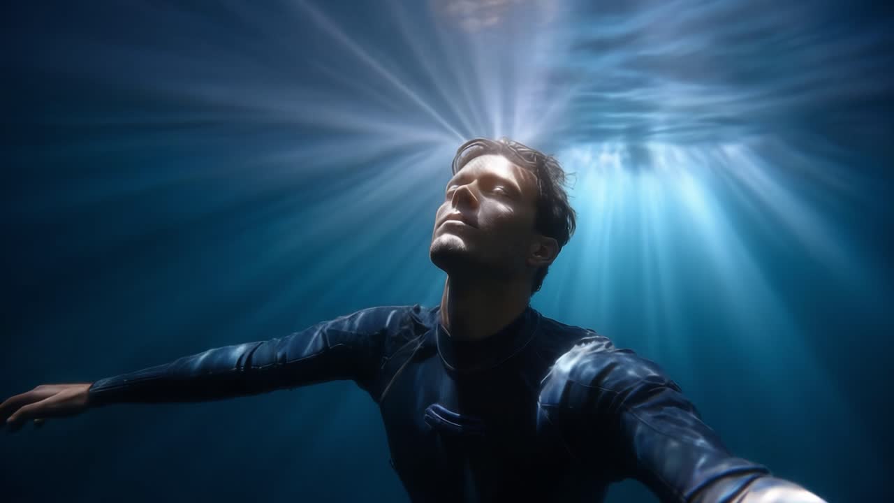 Um homem imerso em profundezas submarinas serenas, experimentando tranquilidade e reflexão enquanto raios de luz filtram-se pelo oceano, criando uma atmosfera pacífica e meditativa