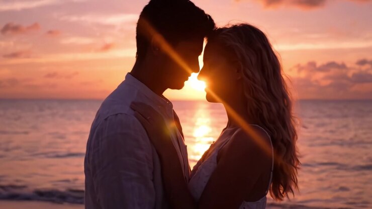 Une étreinte romantique au coucher du soleil : capturer la connexion entre deux âmes alors qu'elles partagent un moment intime sur la plage au crépuscule