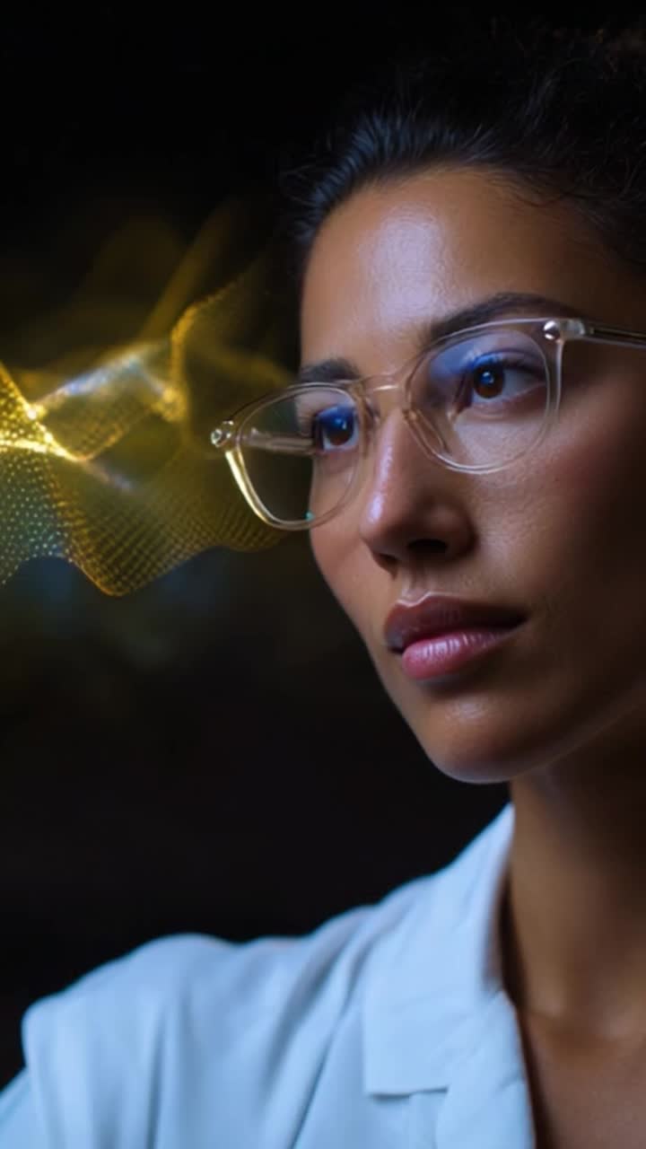 Focused Female Scientist Analyzing Data with Glasses in Dim Light Showcasing Innovative Technology and Intellect During a Modern Research Setting