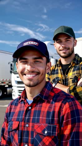 truckers enjoying a break next to their big rig.