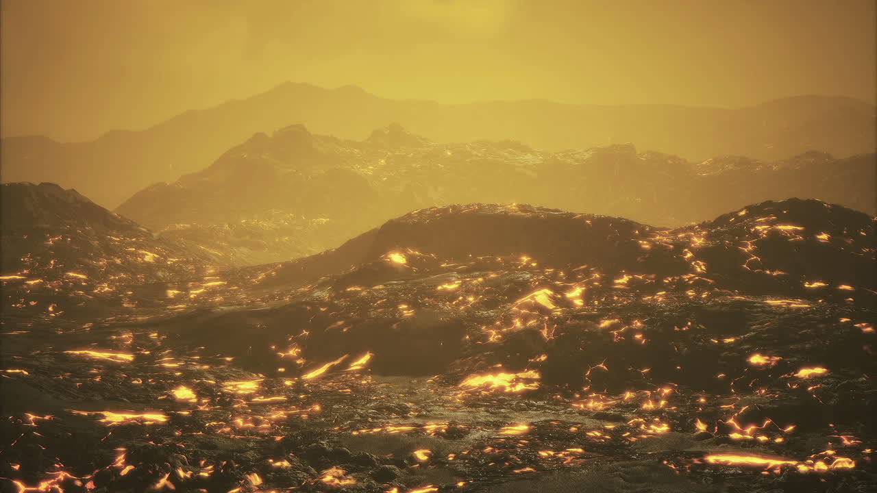 Lava flows illuminate the rugged landscape under a golden sky at dusk