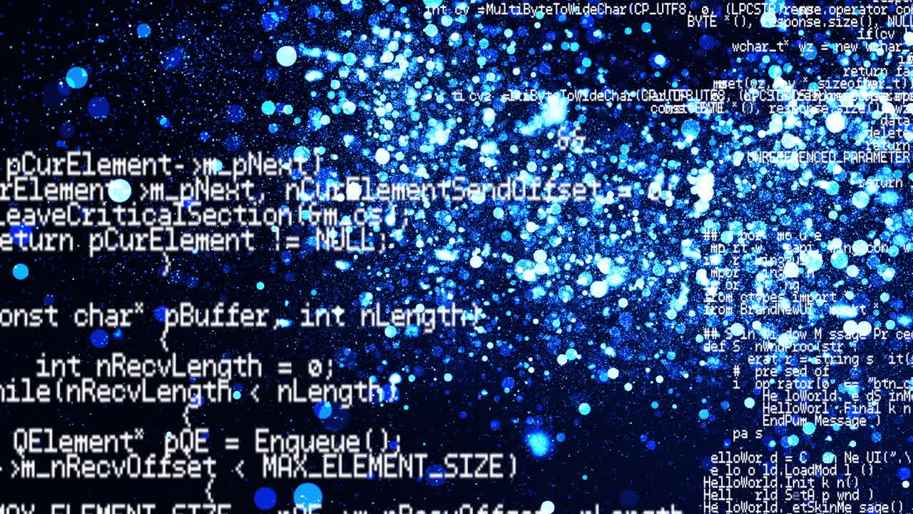 Animation of computer data processing over glowing blue light spots