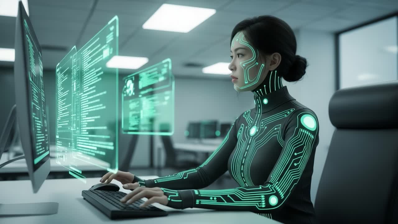 Un'interfaccia cibernetica futuristica raffigura una donna che opera con tecnologia avanzata, mostrando i suoi complessi miglioramenti cibernetici mentre è immersa nell'elaborazione dei dati all'interno di uno spazio di lavoro moderno.