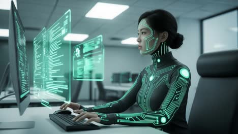a futuristic cybernetic interface depicts a woman operating advanced technology, showcasing her intricate cybernetic enhancements while immersed in data processing within a modern workspace