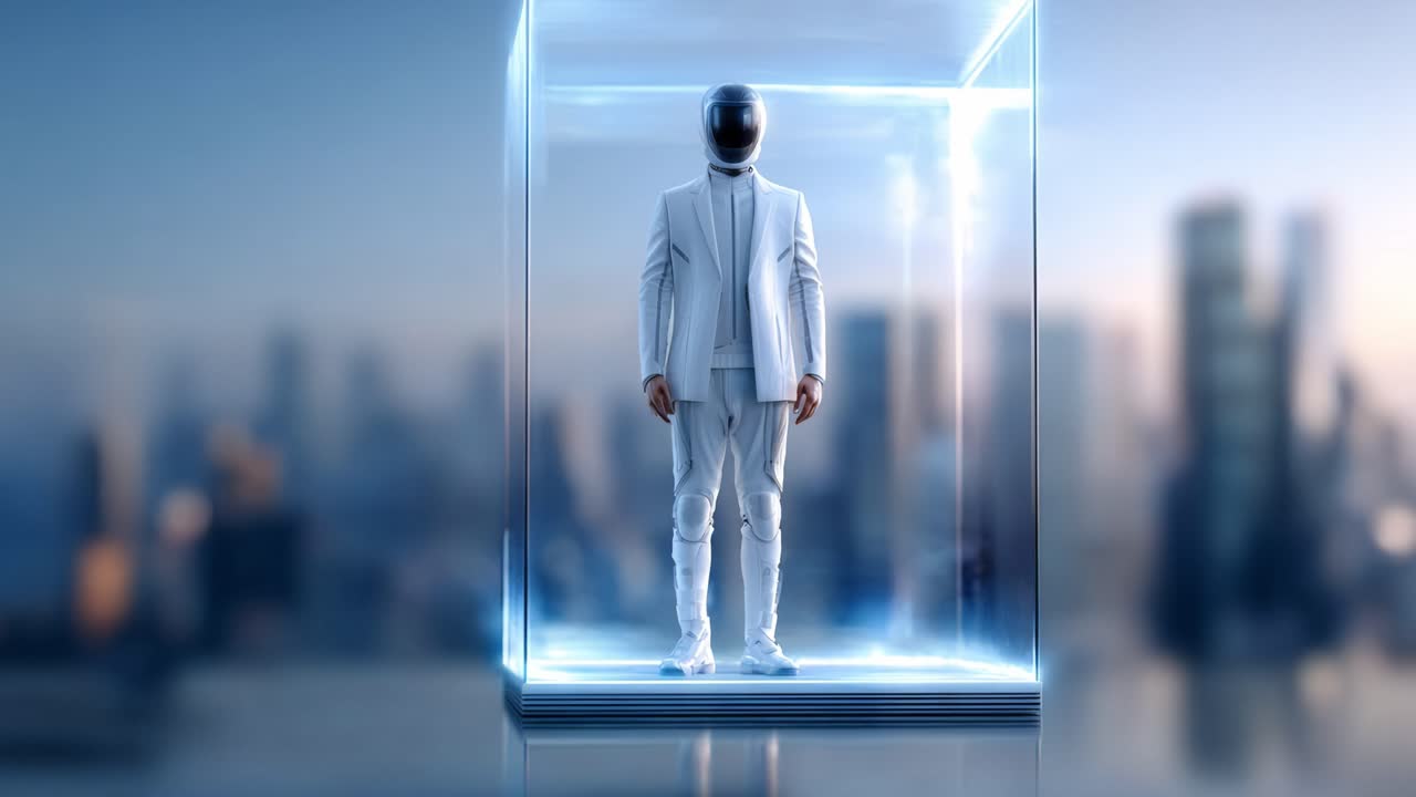 A futuristic figure in a sleek suit stands within a transparent enclosure, showcasing advanced technology against a backdrop of a modern city skyline