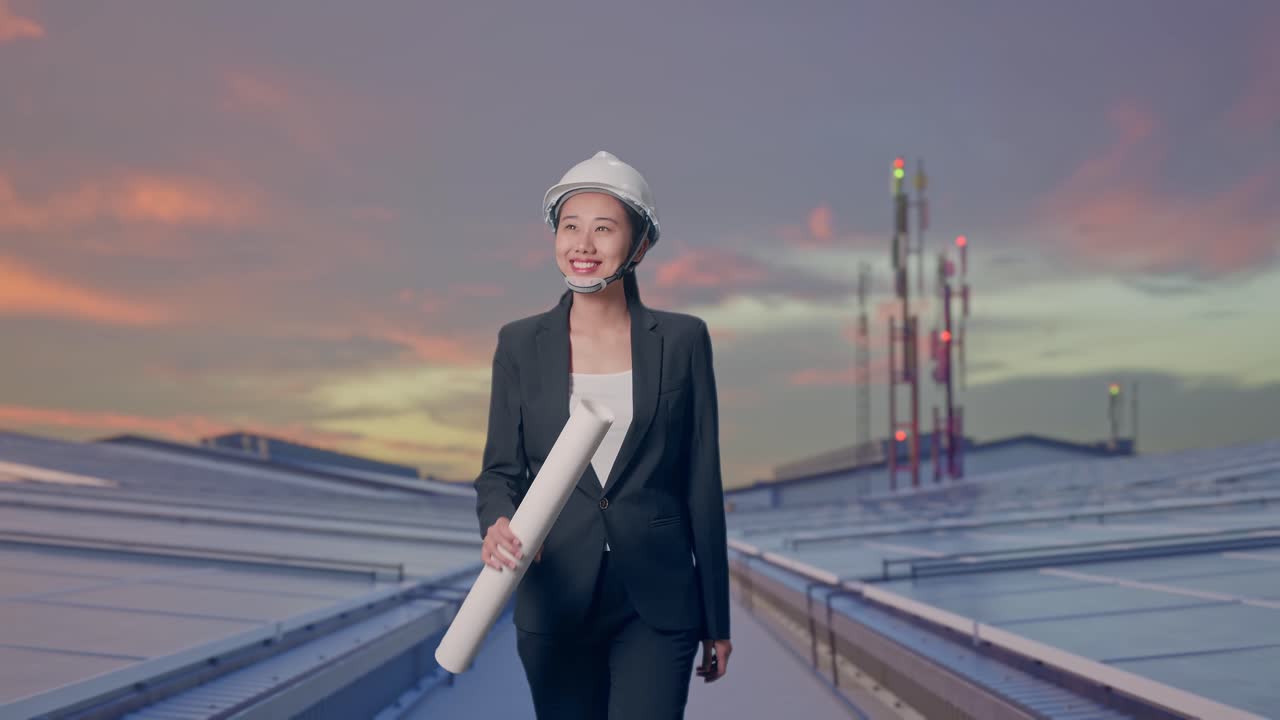 Forfra: Asiatisk forretningskvinde holder en tegning, mens hun går og ser sig omkring på et industrielt tag med solcellepaneler.