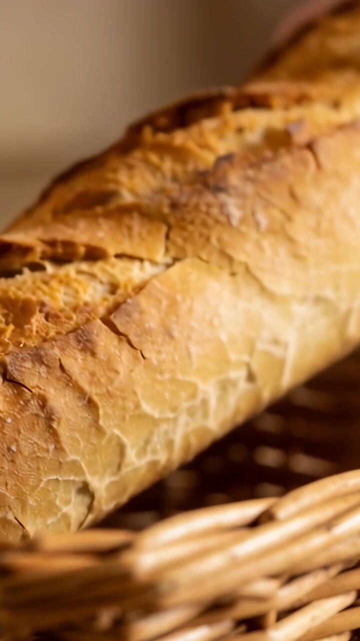 Vertical video: Hand reaching down lowering baguette into wicker basket on shop counter for serving
