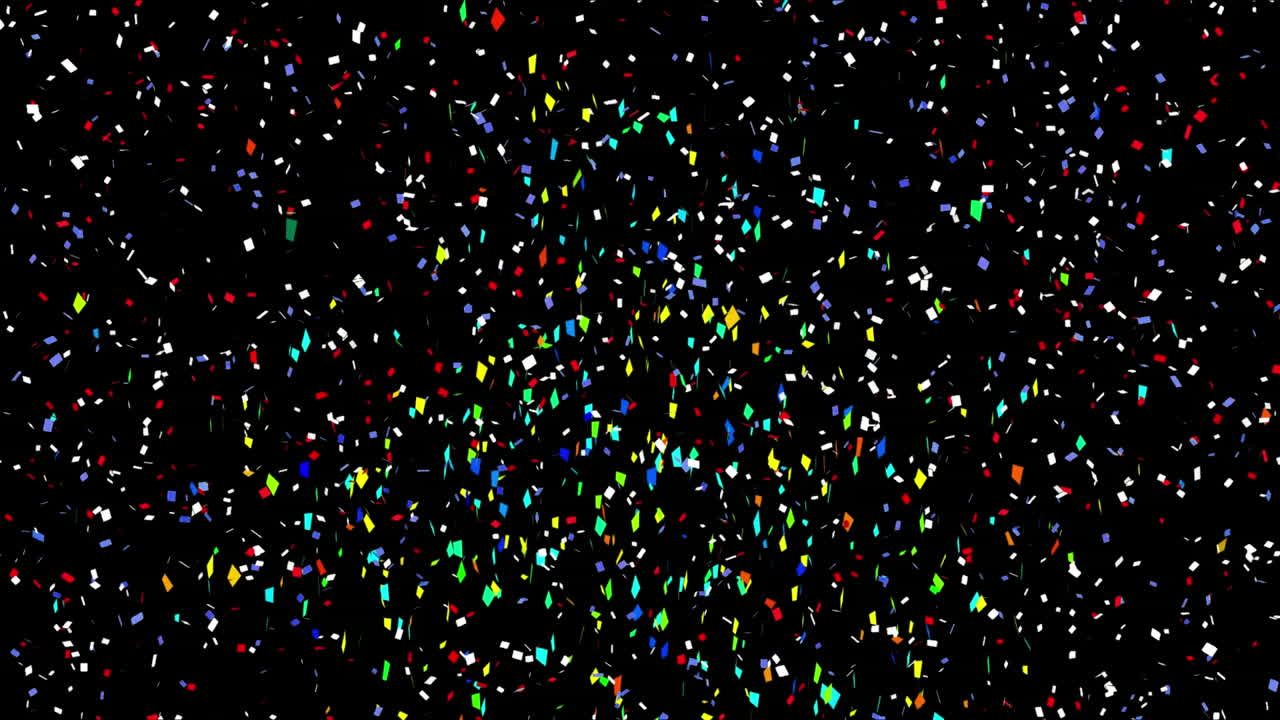 Animation of multi coloured confetti falling over black background