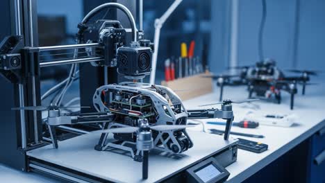 innovative drone technology development: a close-up of advanced 3d printing processes in an engineering lab with multiple unmanned aerial vehicles being assembled