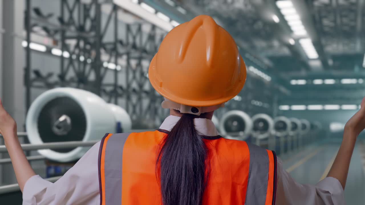 Primo piano da dietro di un'ingegnera con casco di sicurezza in piedi con le braccia aperte, su una linea di produzione e assemblaggio di motori aeronautici in una fabbrica moderna.
