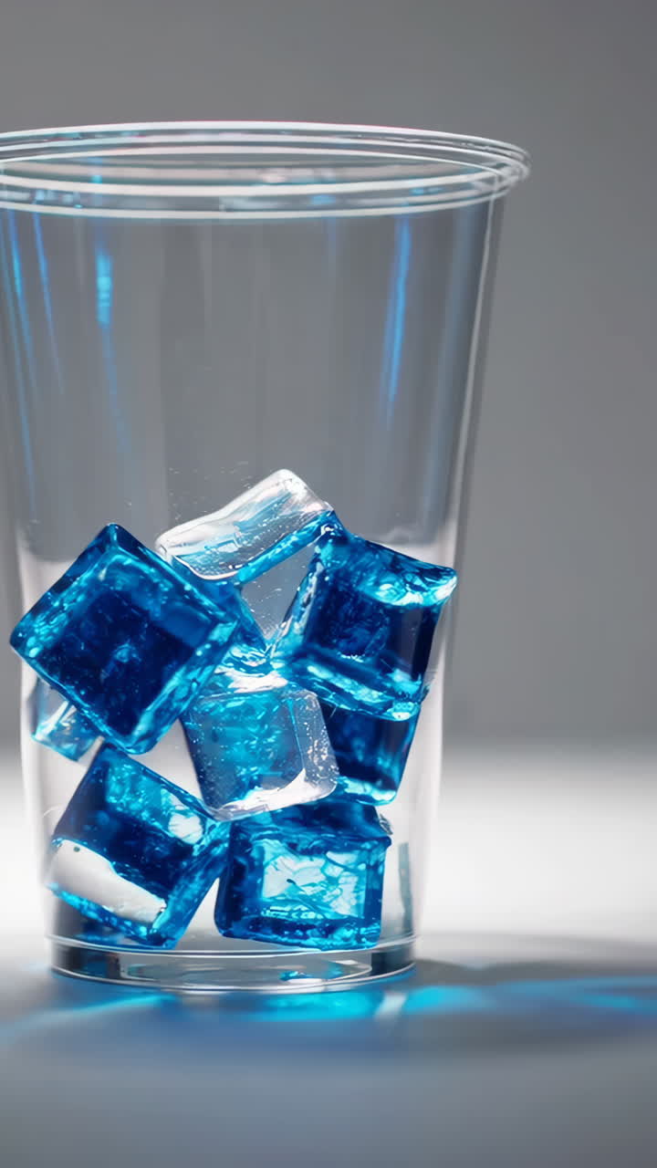 Blue Ice Cubes in a Clear Plastic Cup
