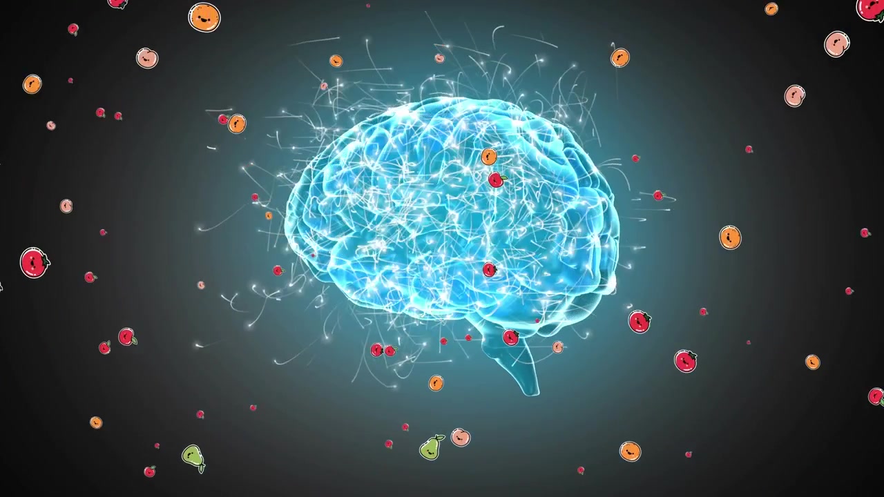 Animation of fruit icons over digital brain on black background
