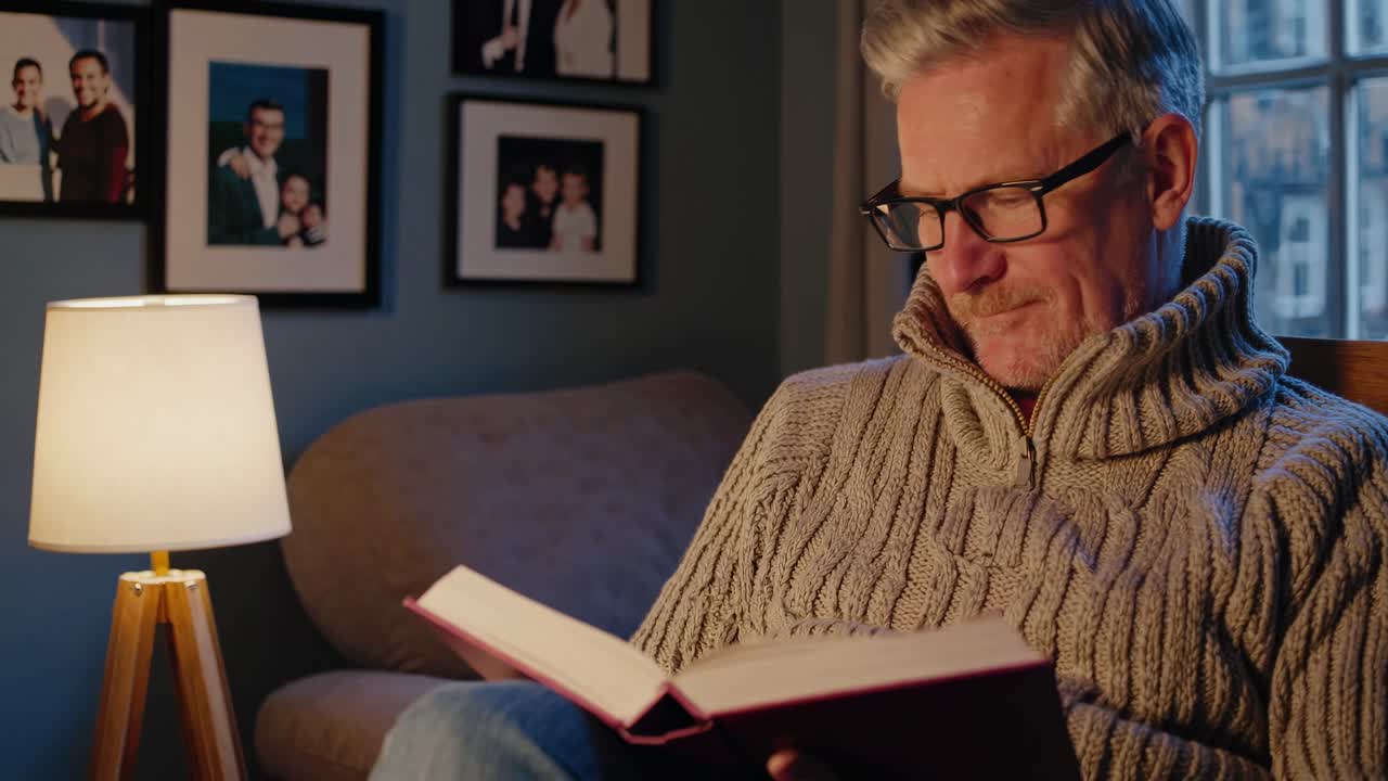 Cozy video scene of a man reading in a warmly lit room. The side angle captures a relaxed atmosphere