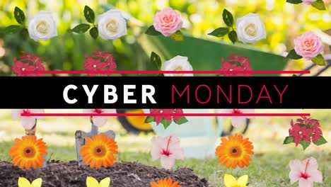 Digitale-Animation-Eines-Cyber-Monday-Textbanners-über-Mehreren-Bunten-Blumensymbolen-Vor-Dem-Garten