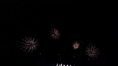 From-a-black-night-sky,-light-white-streaks-explode-in-colorful-fireworks
