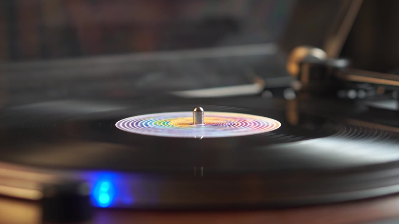 Starting Playback of Vinyl Record on Turntable in Room Ambience, Close Up