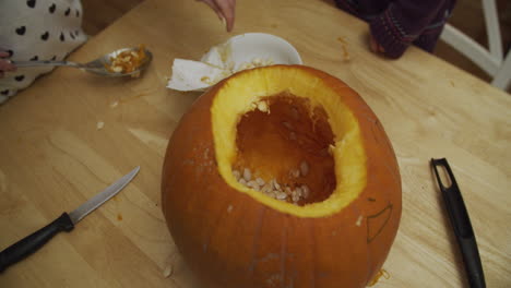 dos niños pequeños quitando las semillas de una calabaza para halloween