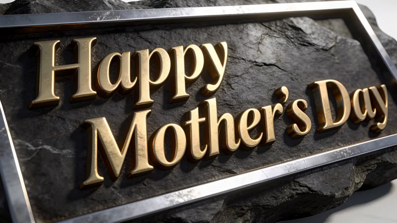 Shifting camera revealing metal plaque on studio table highlighting Happy Mother's Day gold letters