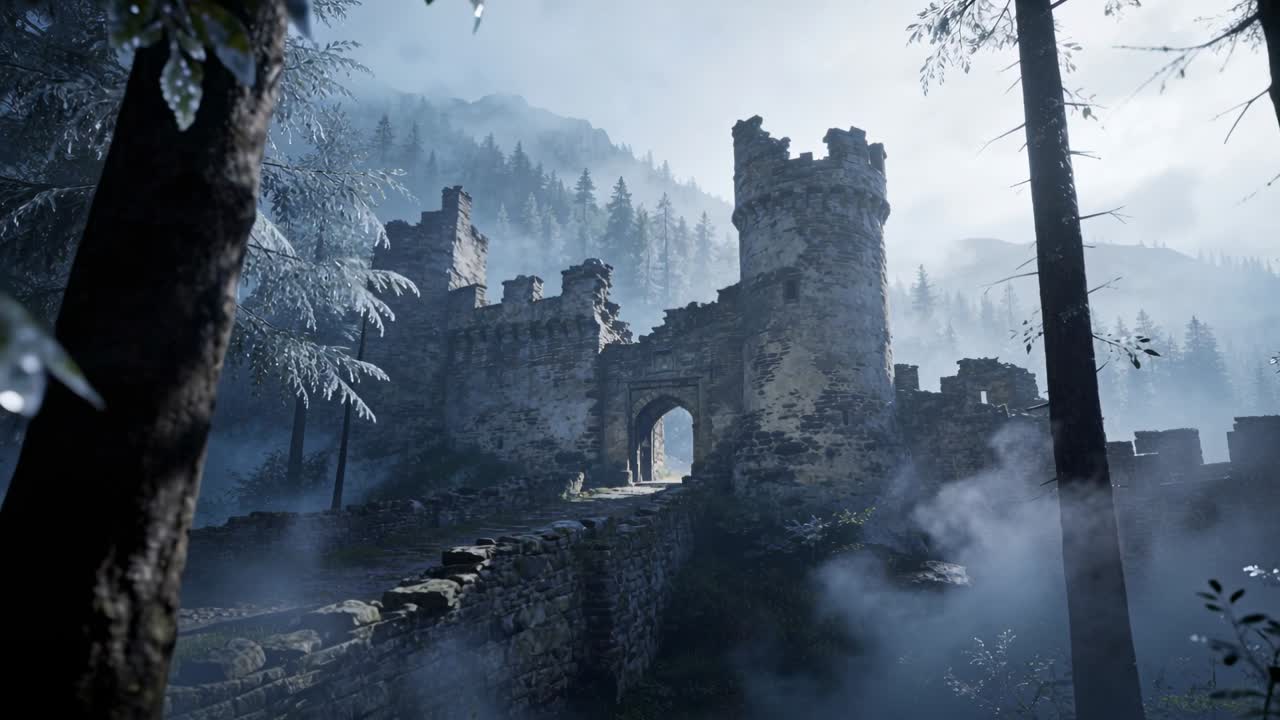 Moving camera slowly revealing ruined stone castle on forest hillside, mist lifting around tower