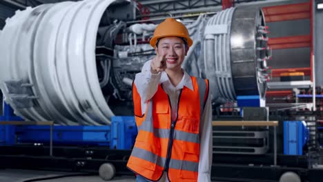 asian female engineer with safety helmet smiling and touching her chest then pointing at you while standing with airplane engine maintenance conducted