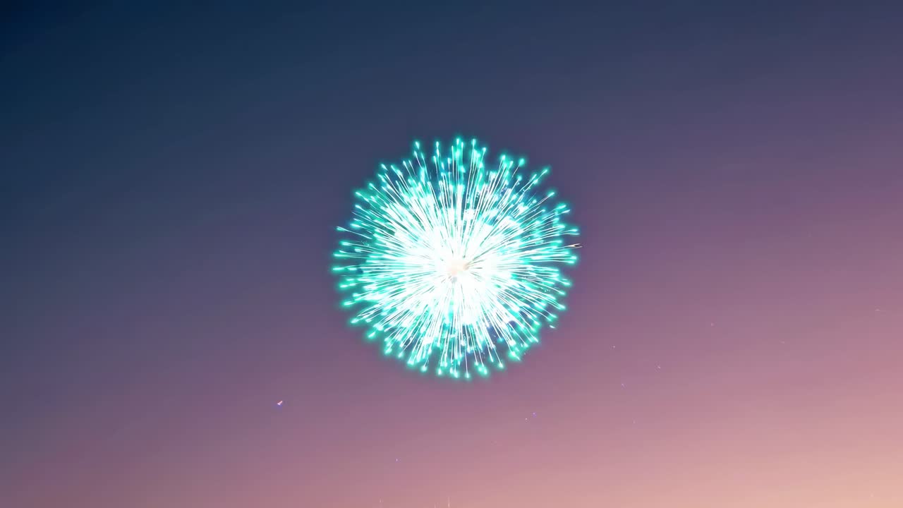 Vista aerea di un vivace fuoco d'artificio color turchese che esplode in un cielo crepuscolare, catturando la dinamicità