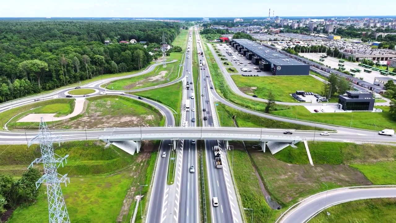Aerial view of new multi-level highway intersection in Kaunas, Lithuania.