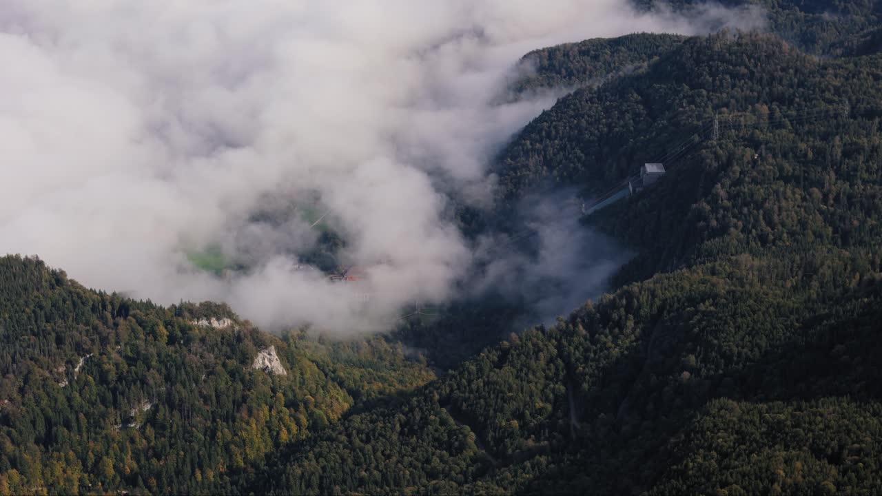 niebla rodando sobre la subestación de energía en la ladera de la montaña cubierta de bosque