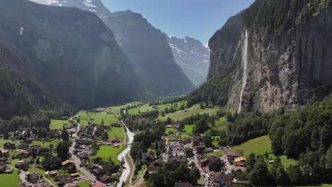 aerial - lauterbrunnen valley in kanton bern, switzerland, with waterfalls and mountains