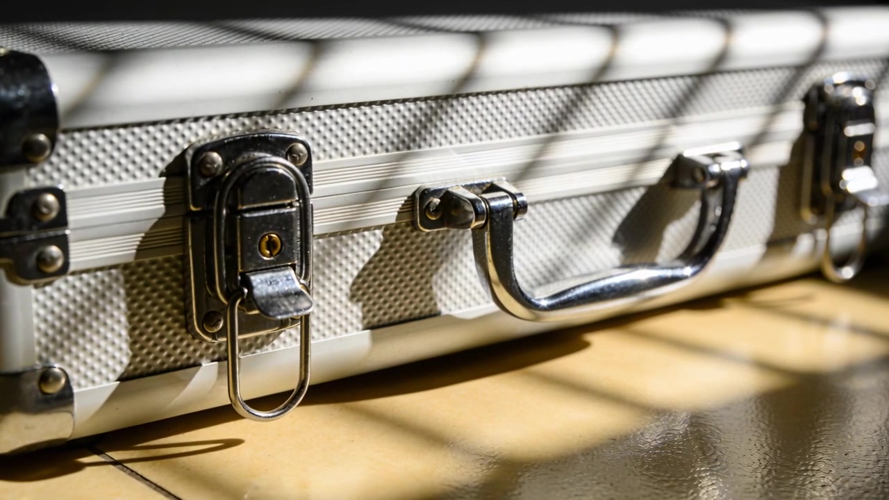 Shifting sunlight through blinds casting shadows across briefcase showing chrome latch tiled floor