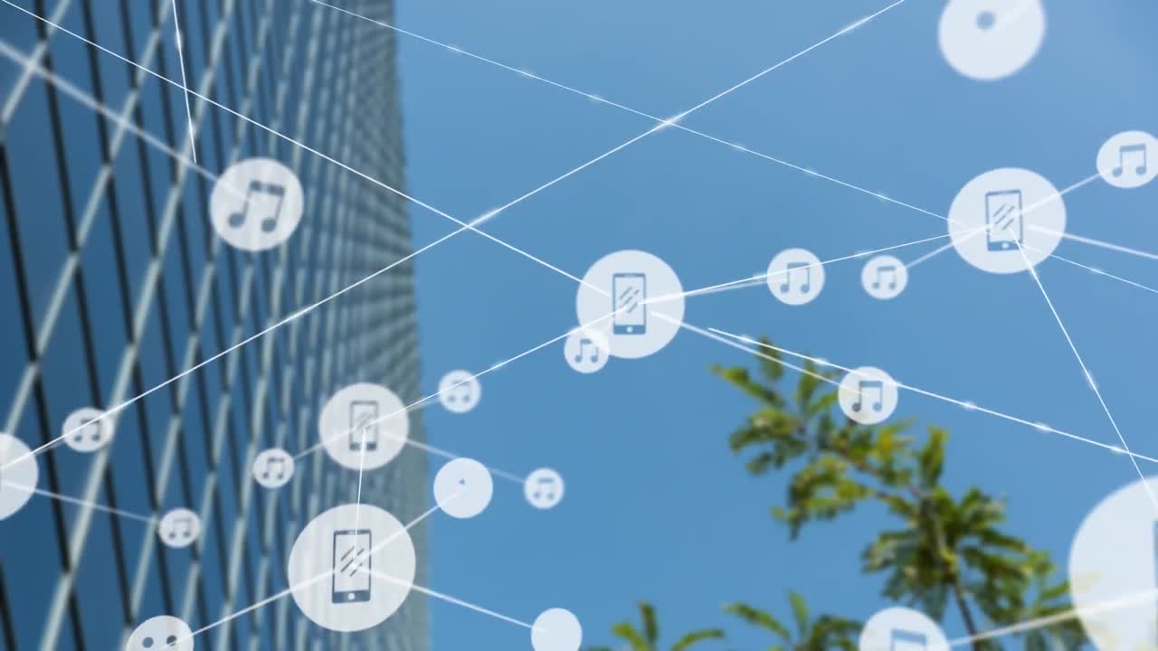 현대적인 사무실 건물 위의 아이콘과 연결 네트워크의 애니메이션