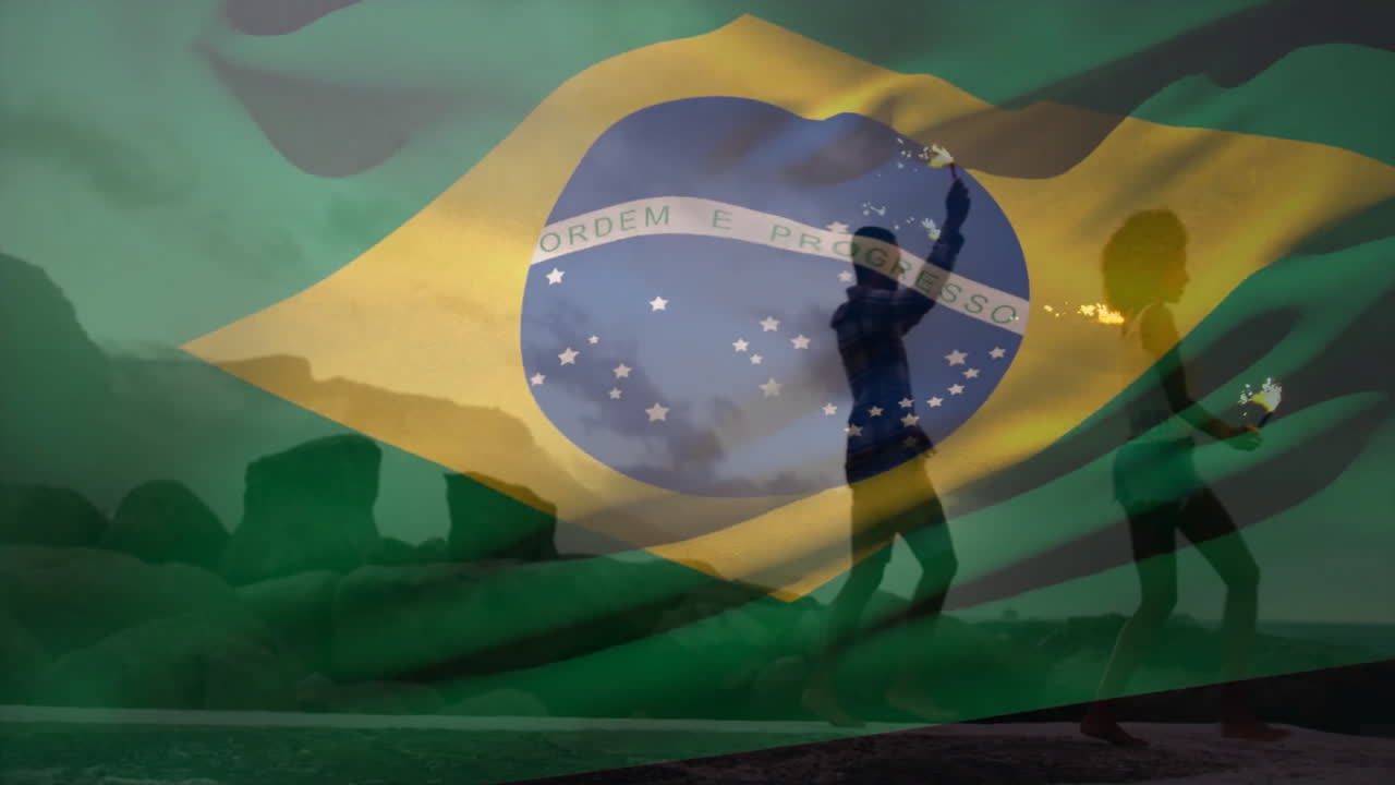 Dancing outdoors, silhouettes with Brazilian flag overlay, creating animation effect