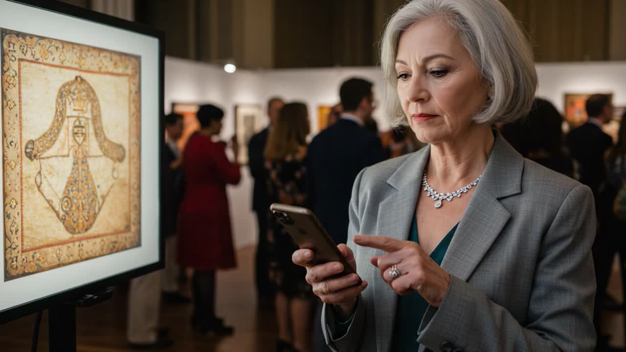Una donna sofisticata interagisce con il suo smartphone in una galleria d'arte, fondendo tecnologia e cultura mentre ammira opere d'arte intricate in mostra, mostrando l'espressione moderna in mezzo al patrimonio artistico.