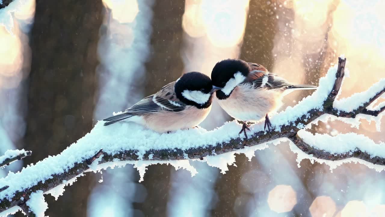 Two birds perched on a snow-covered branch, captured in a close-up angle
