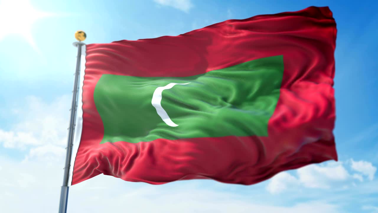 Maldives flag seamless looping 3D rendering video. Beautiful textile cloth fabric loop waving
